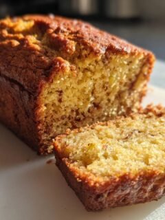 A close-up of a slice of moist banana bread with zucchini, showing its tender crumb and golden-brown crust.
