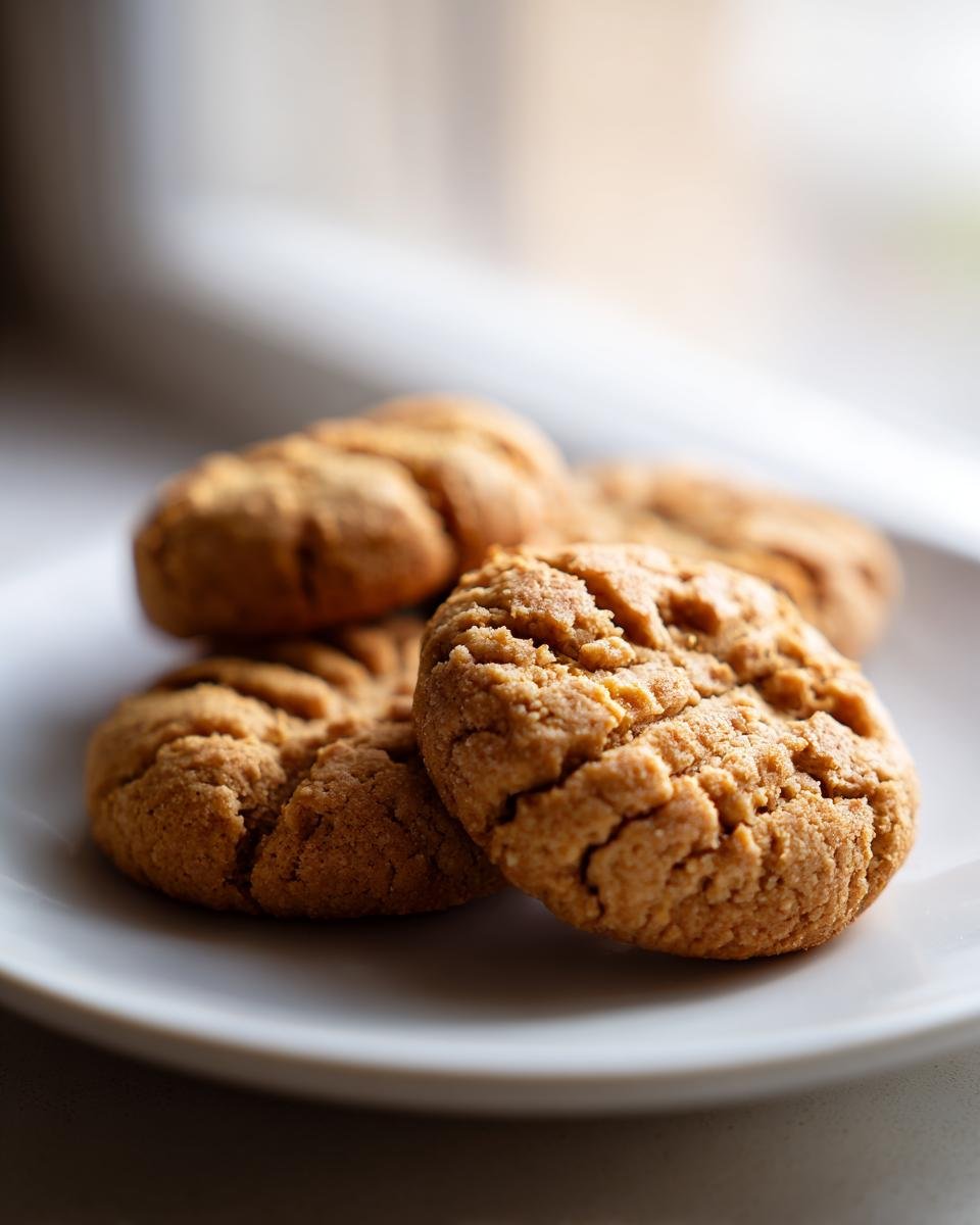 A close-up of several golden brown Flourless Peanut Butter Cookies stacked slightly on a white plate.
