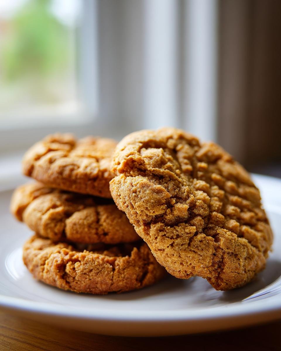 A stack of golden brown Flourless Peanut Butter Cookies with classic fork marks, resting on a white plate.