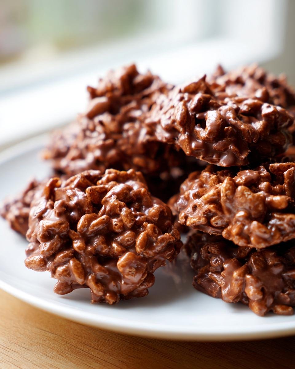 A close-up shot of several rich, chocolatey Avalanche Cookies piled on a white plate.
