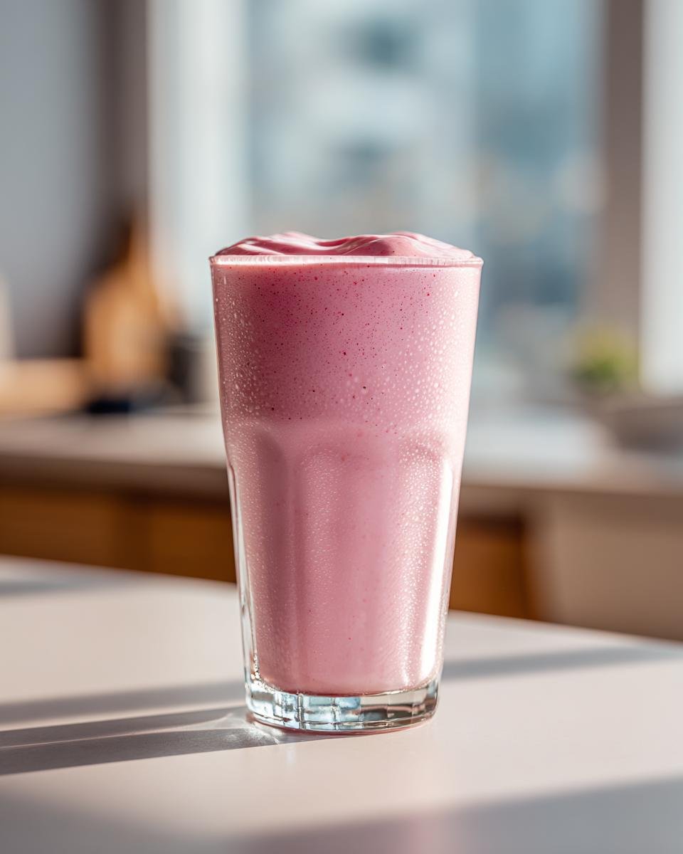 A tall glass filled with a thick, frothy pink Strawberry Milkshake sitting on a light countertop.