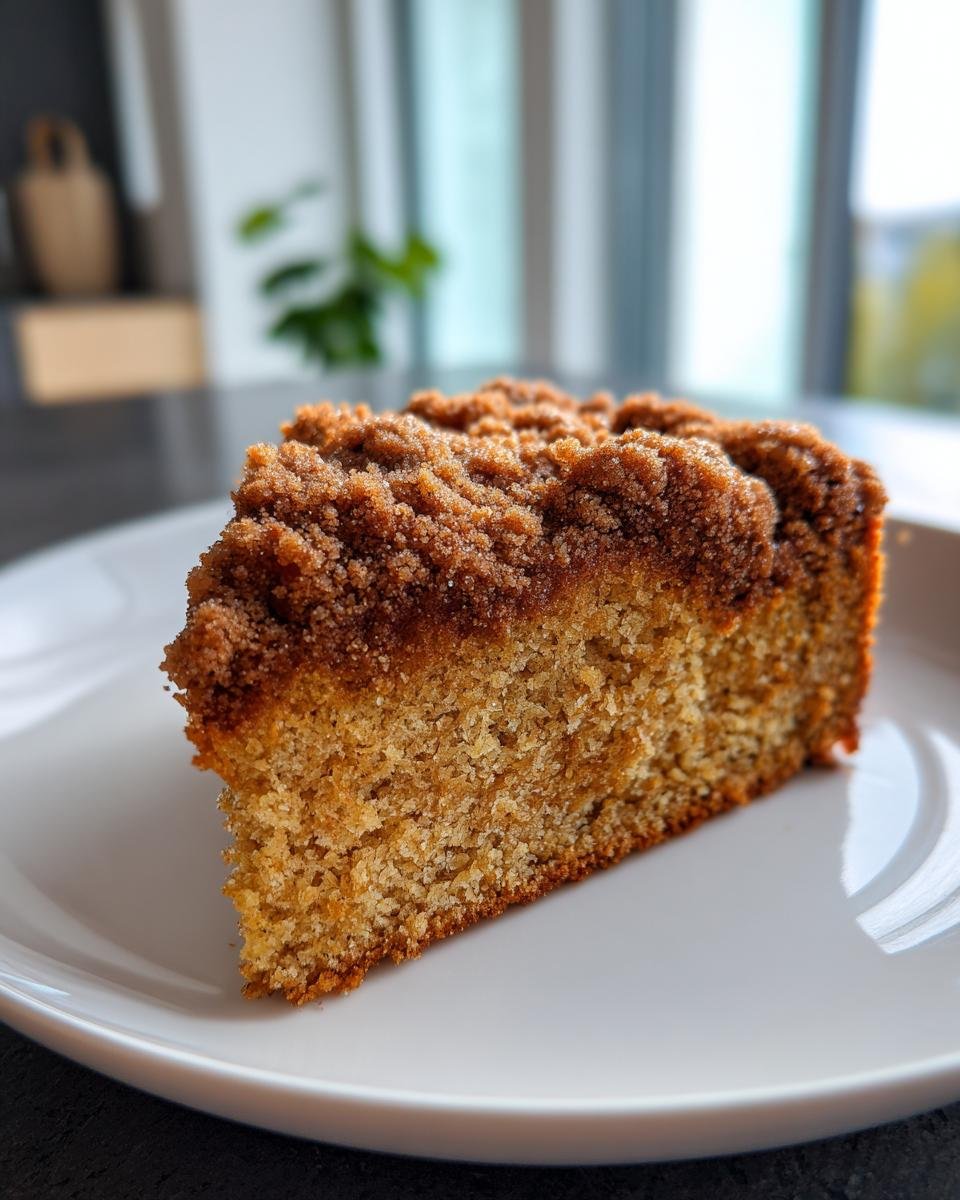 Close-up of a moist slice of Coffee Cake featuring a thick, sugary cinnamon crumb topping on a white plate.