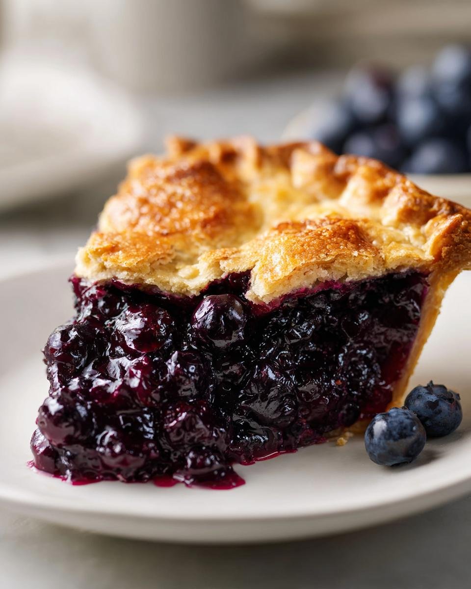 A close-up of a generous slice of rich Blueberry Pie showing the thick, dark purple filling and golden crust.
