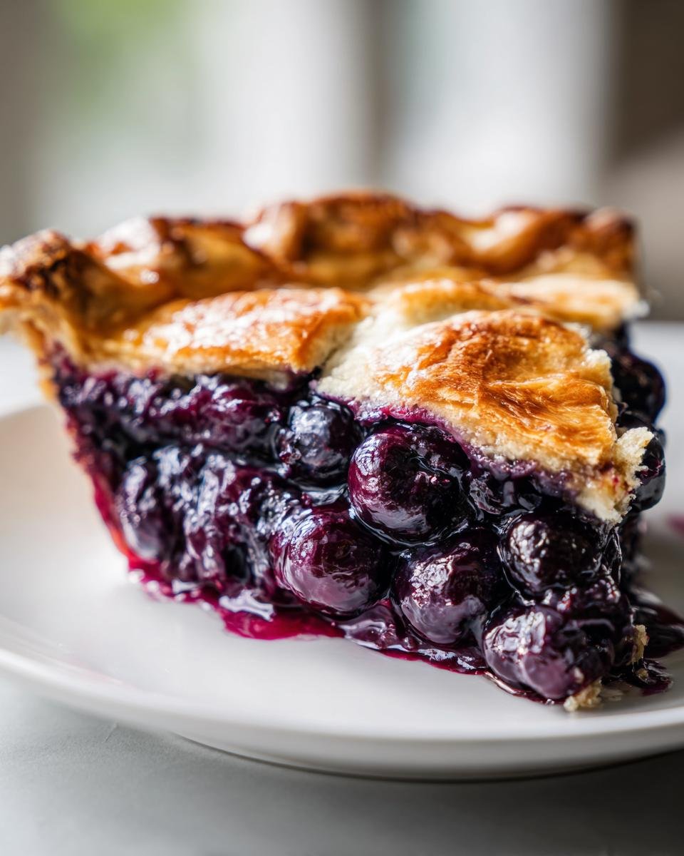 Close-up of a juicy slice of Blueberry Pie showing plump blueberries and a golden, flaky lattice crust.