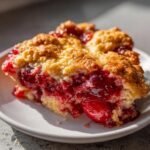 Close-up of a moist slice of Cherry Cobbler showing bright red filling and golden, crumbly topping.