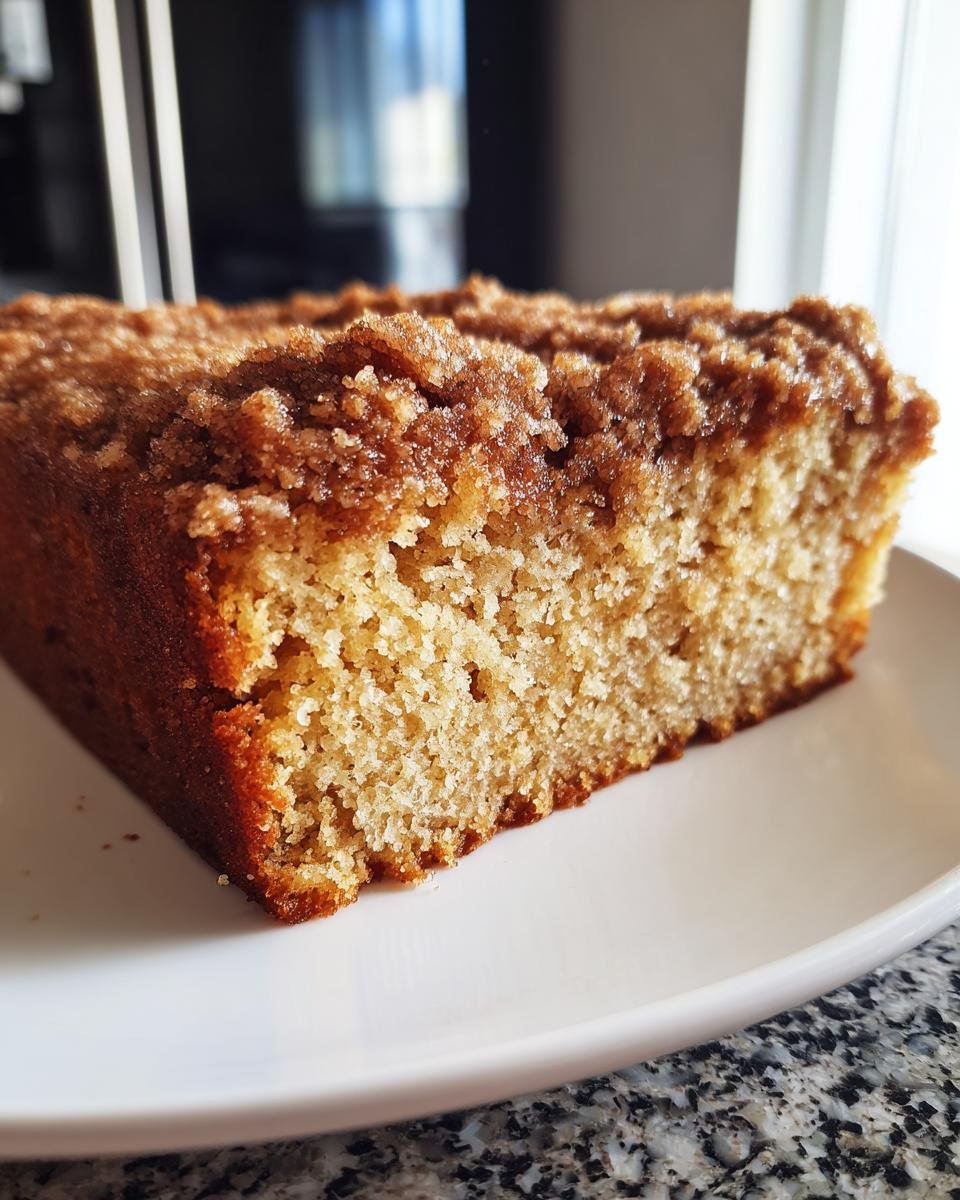 A close-up, cross-section view of a moist slice of Coffee Cake featuring a thick, crumbly brown sugar streusel topping.