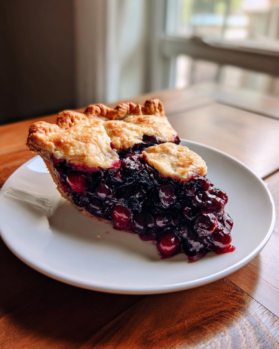 A generous slice of Amazing Mixed Berry Pie showing a thick, juicy filling and flaky golden crust on a white plate.