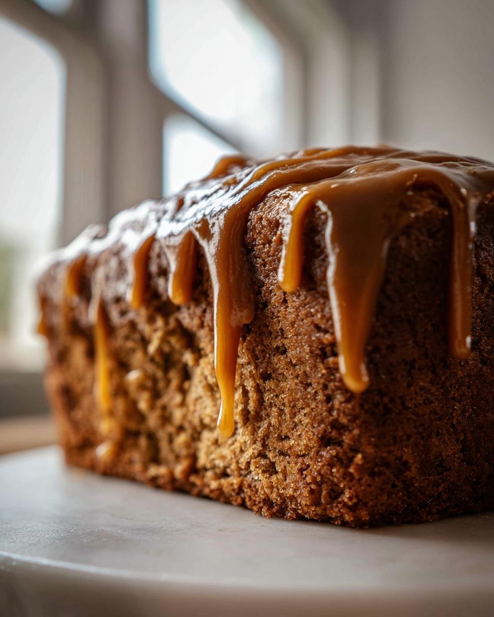 Close-up of a loaf-style Apple Cake With Caramel Frosting, featuring thick caramel dripping down the side.