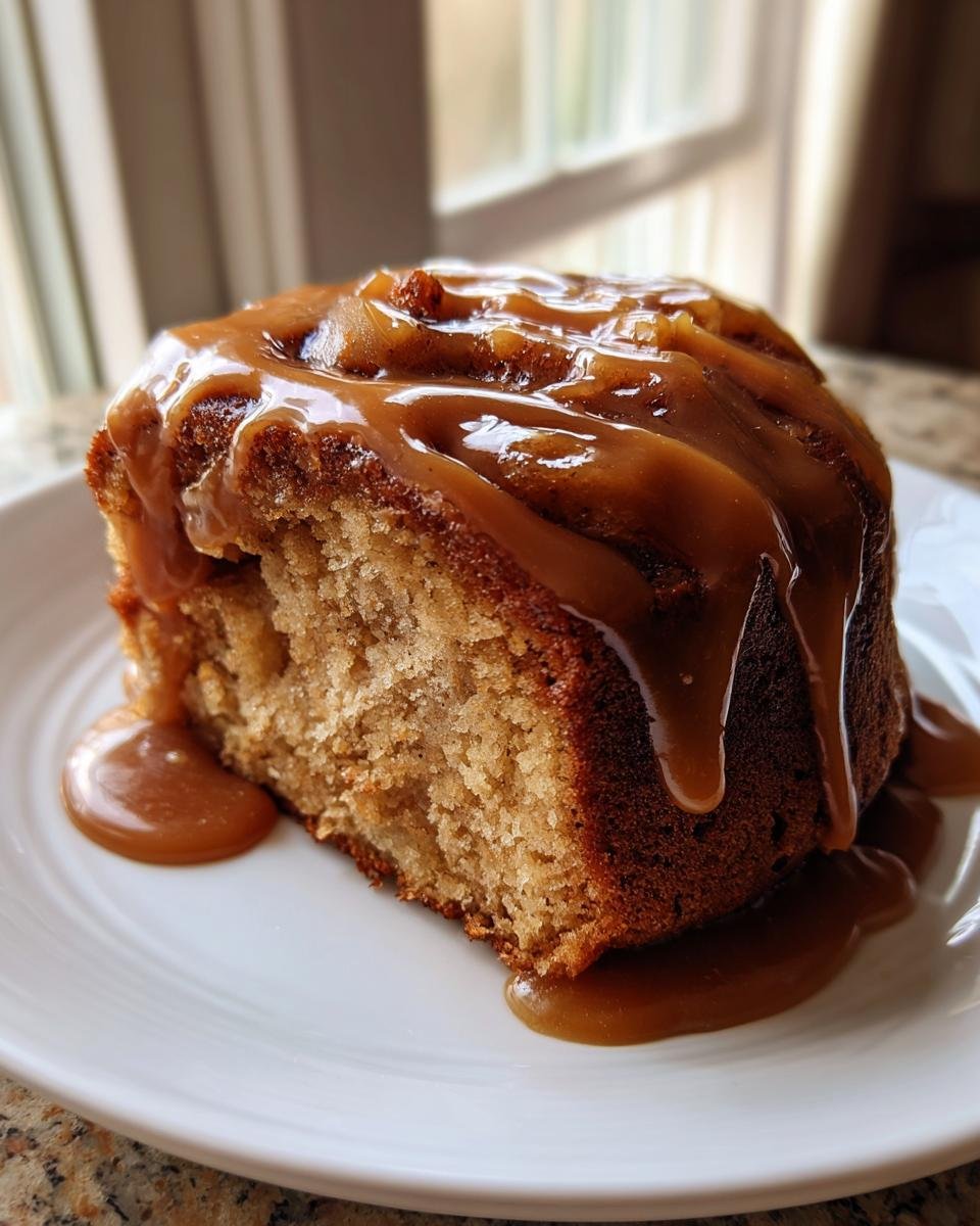 A close-up of a moist slice of Apple Cake With Caramel Frosting, generously drizzled with thick caramel sauce.