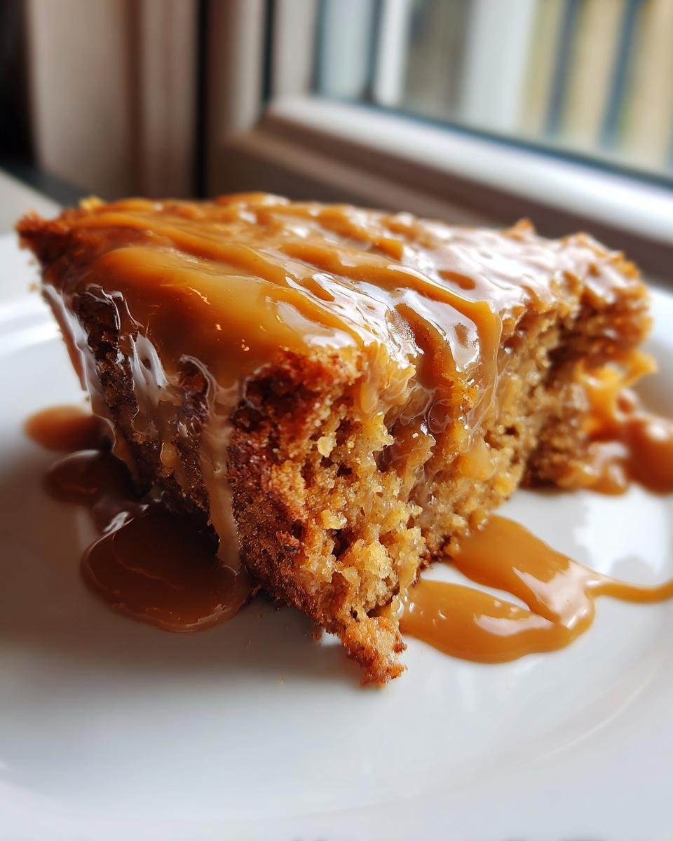Close-up of a moist slice of Apple Cake With Caramel Frosting, heavily drizzled with thick caramel sauce.