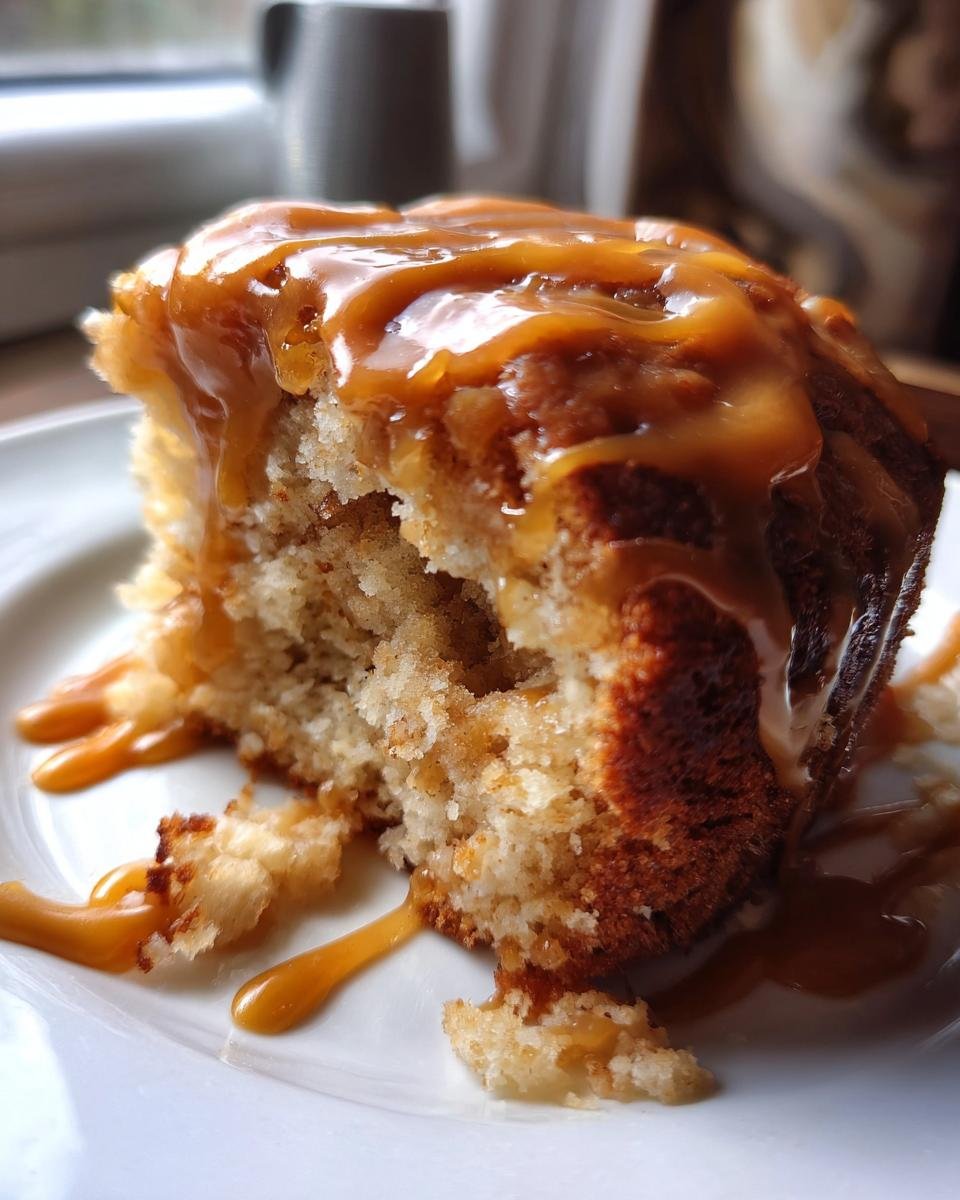 A close-up of a moist slice of Apple Cake With Caramel Frosting, generously drizzled with thick caramel sauce.