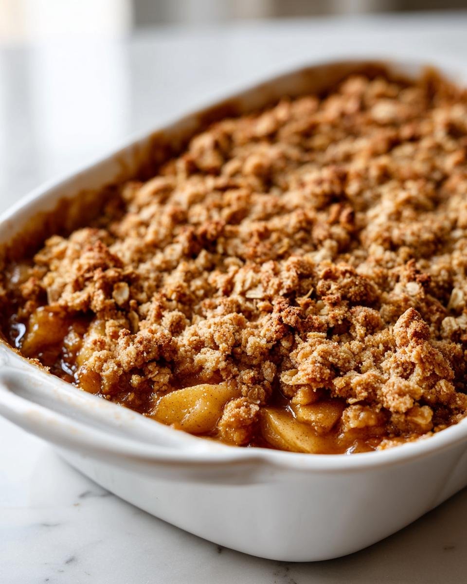 Close-up of a freshly baked Apple Crisp in a white baking dish, showing bubbly apples beneath a crunchy oat topping.