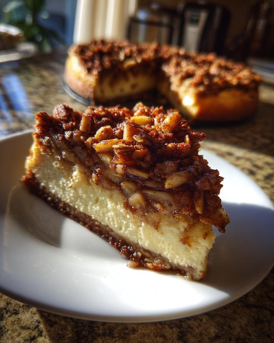 A close-up of a slice of Apple Crisp Cheesecake on a white plate, showcasing the creamy filling and crisp topping.