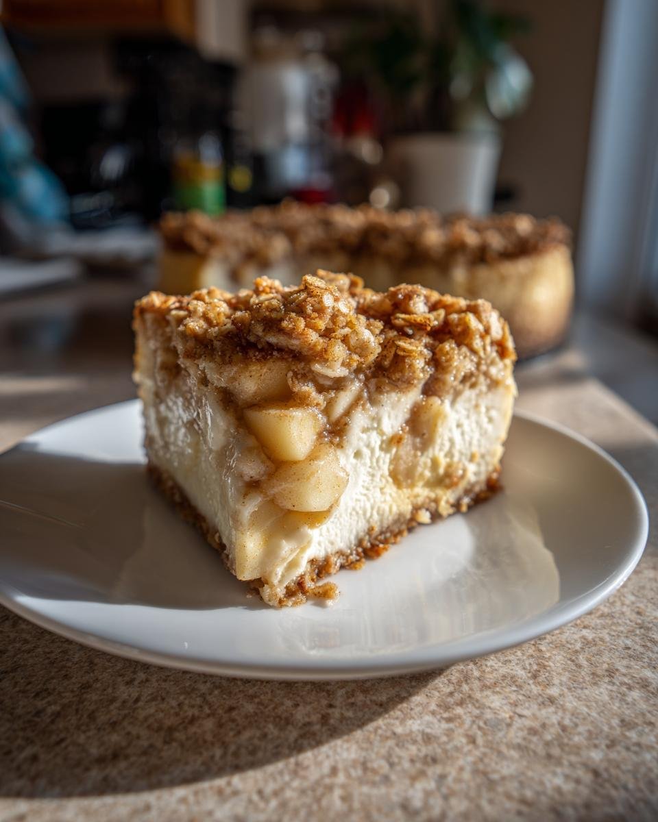 A slice of Apple Crisp Cheesecake on a white plate, showing layers of cheesecake, apples, and crisp topping.
