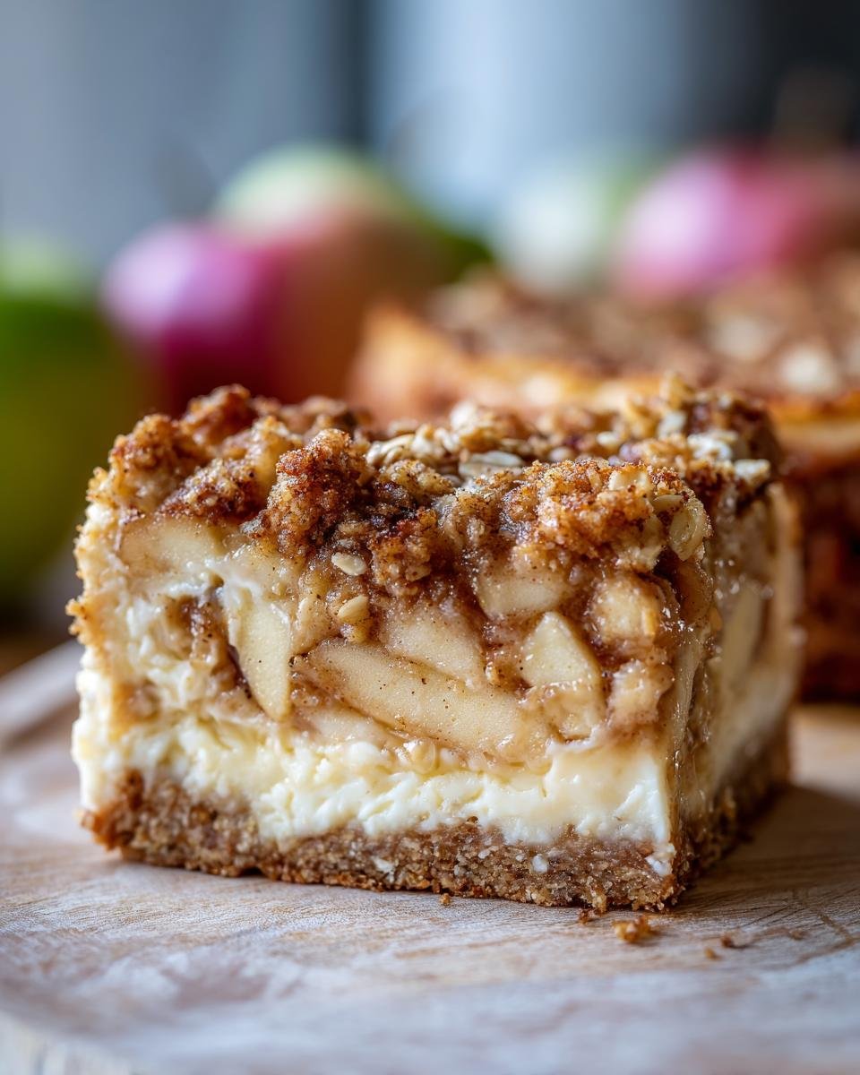 A close-up of a slice of Apple Crisp Cheesecake on a wooden board, showing layers of cheesecake, apple filling, and crisp topping.
