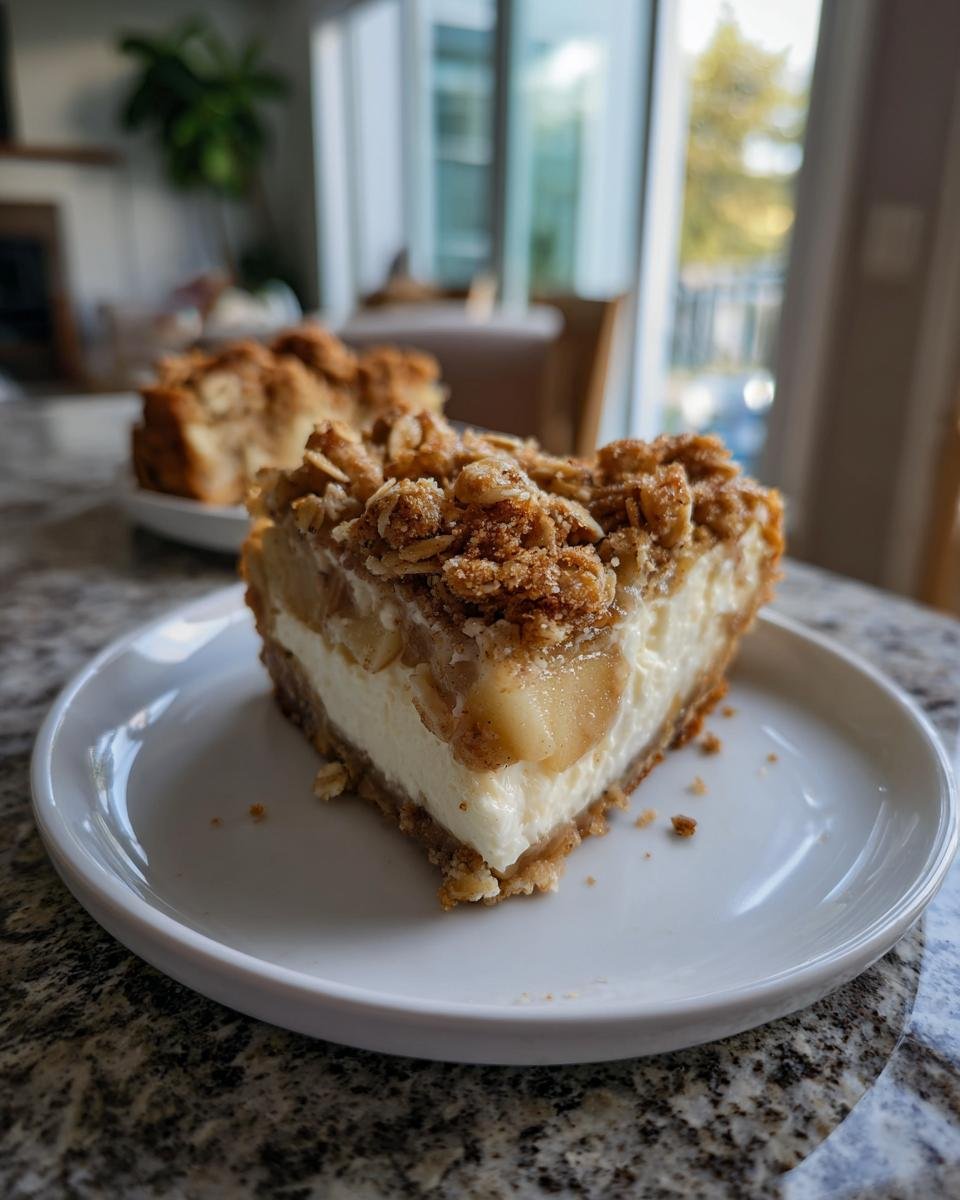 A slice of Apple Crisp Cheesecake on a white plate, featuring a creamy cheesecake filling, baked apples, and a crunchy oat topping.