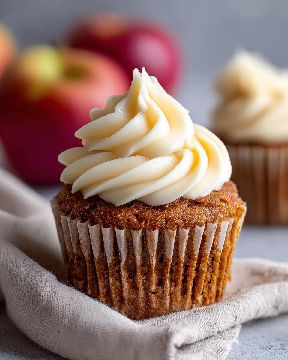 A close-up of a moist Apple Cupcake with Cream Cheese Frosting, topped with a swirl of frosting and set on a napkin.