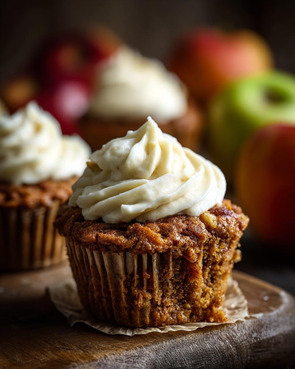 A close-up of an apple cupcake with cream cheese frosting, with other cupcakes and apples blurred in the background.
