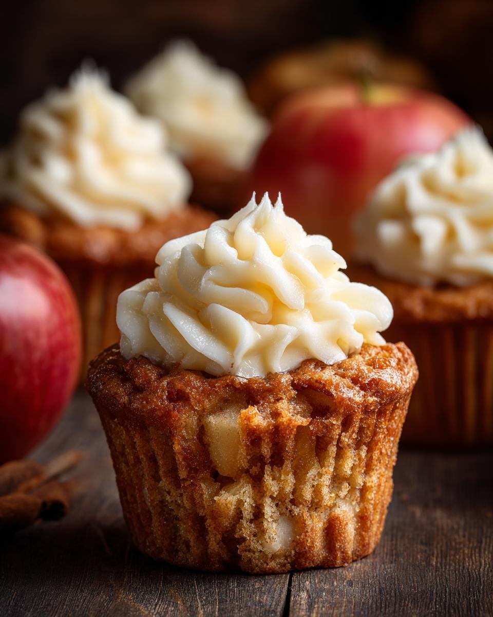 Close-up of a moist apple cupcake topped with swirls of creamy cream cheese frosting, with apples and cinnamon sticks in the background.