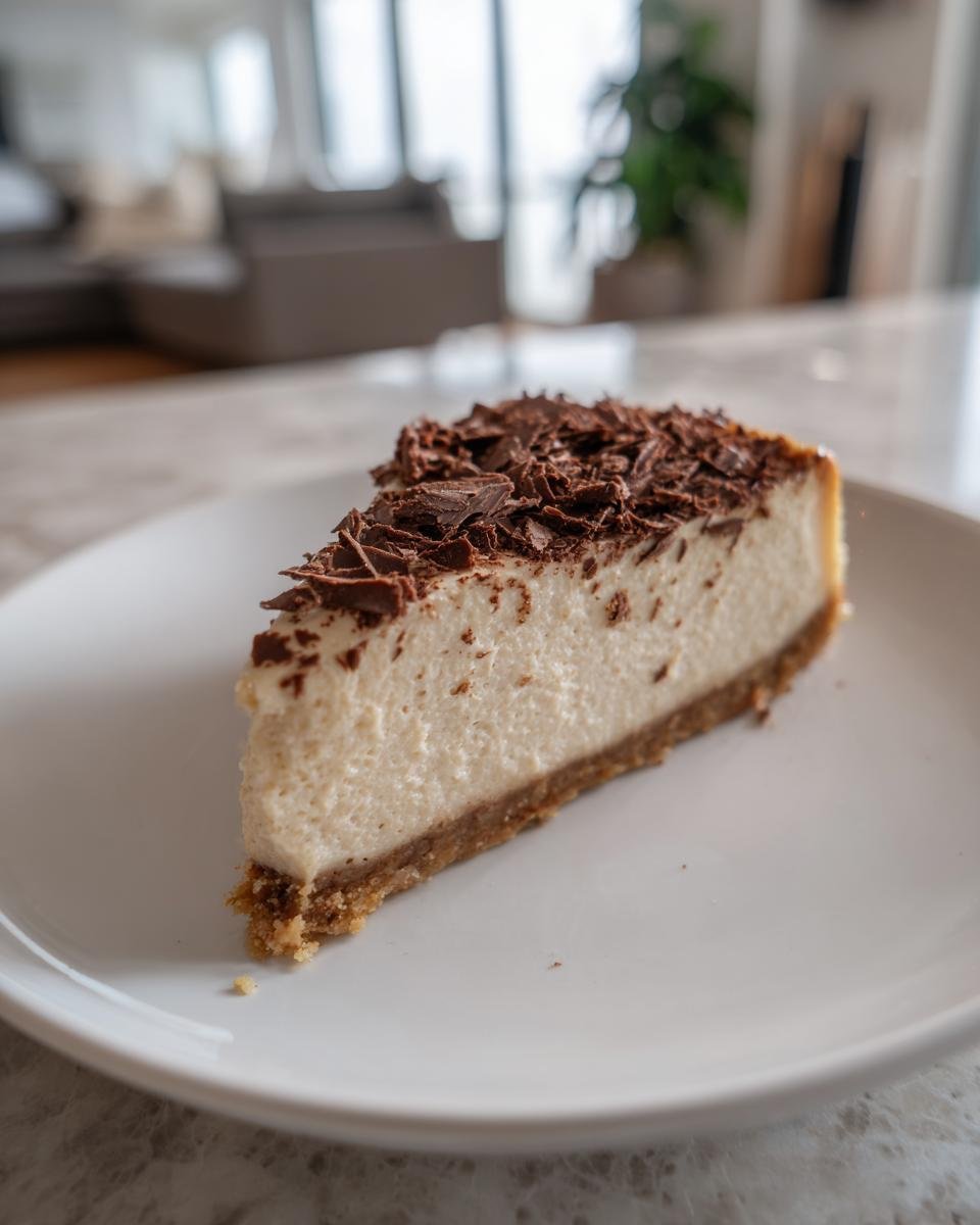 A slice of Baileys Cheesecake, topped with chocolate shavings, on a white plate.