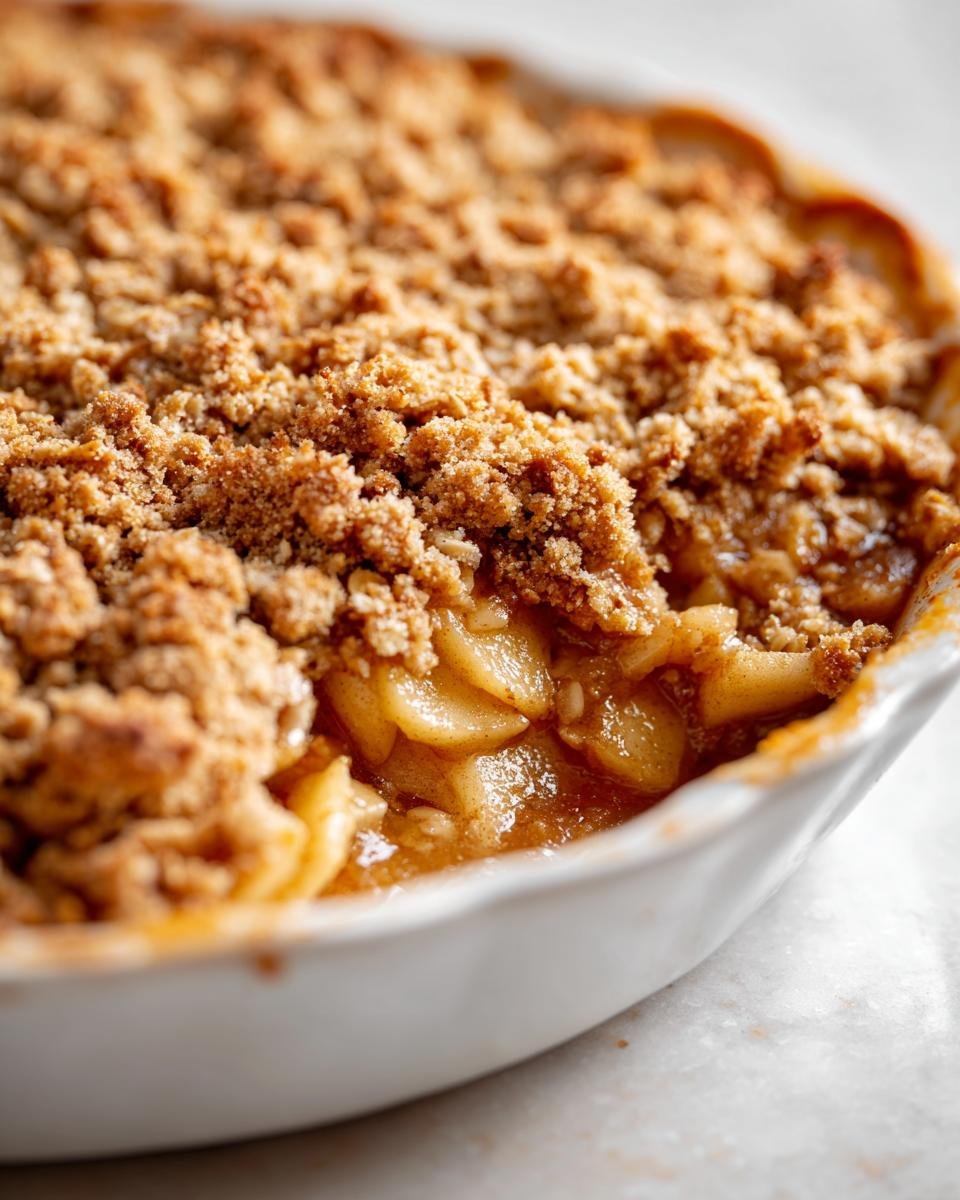 Close-up of a warm, bubbling Apple Crisp with a thick, golden brown crumble topping in a white baking dish.