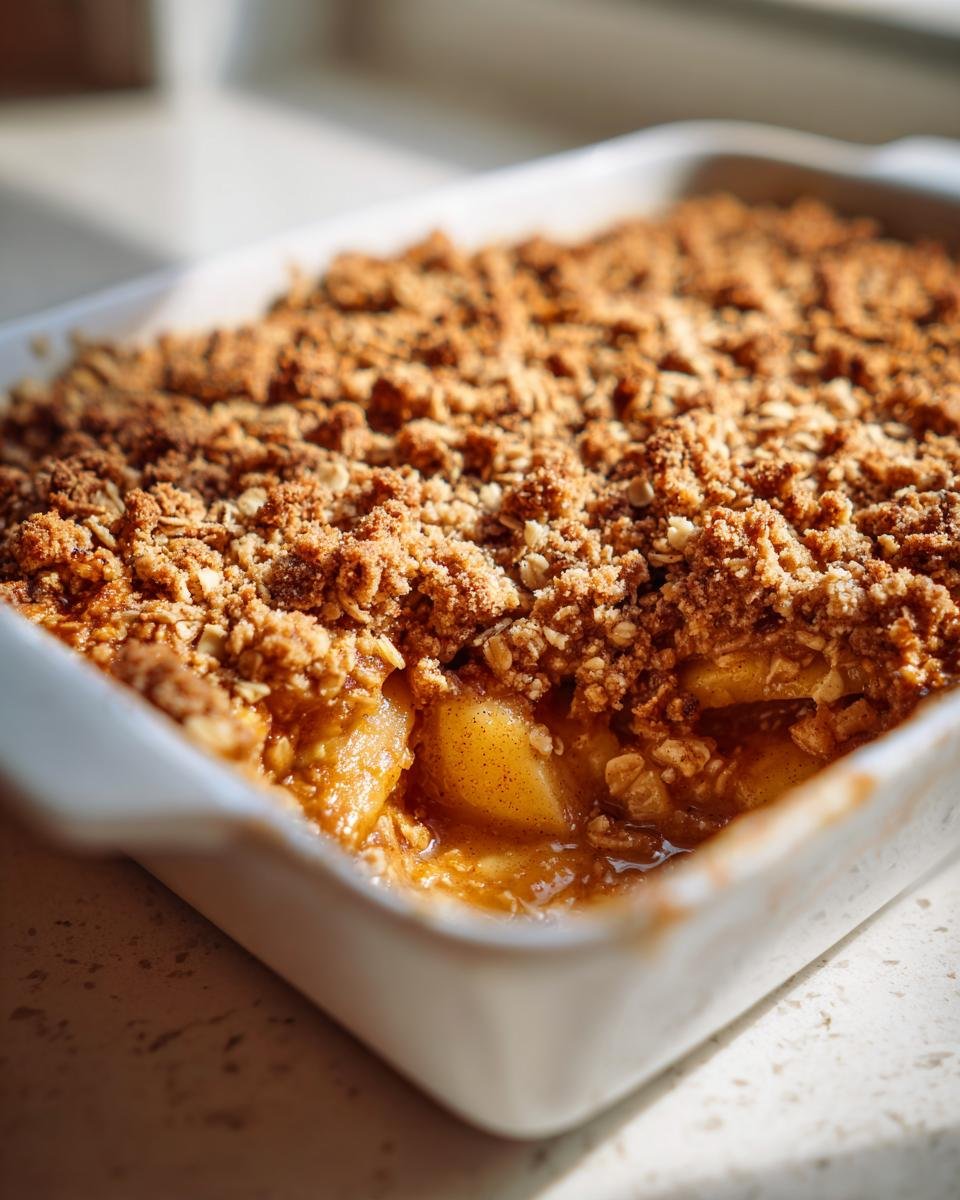 Golden brown, crunchy topping covers warm, bubbling fruit filling in a baked Apple Crisp in a white ceramic dish.