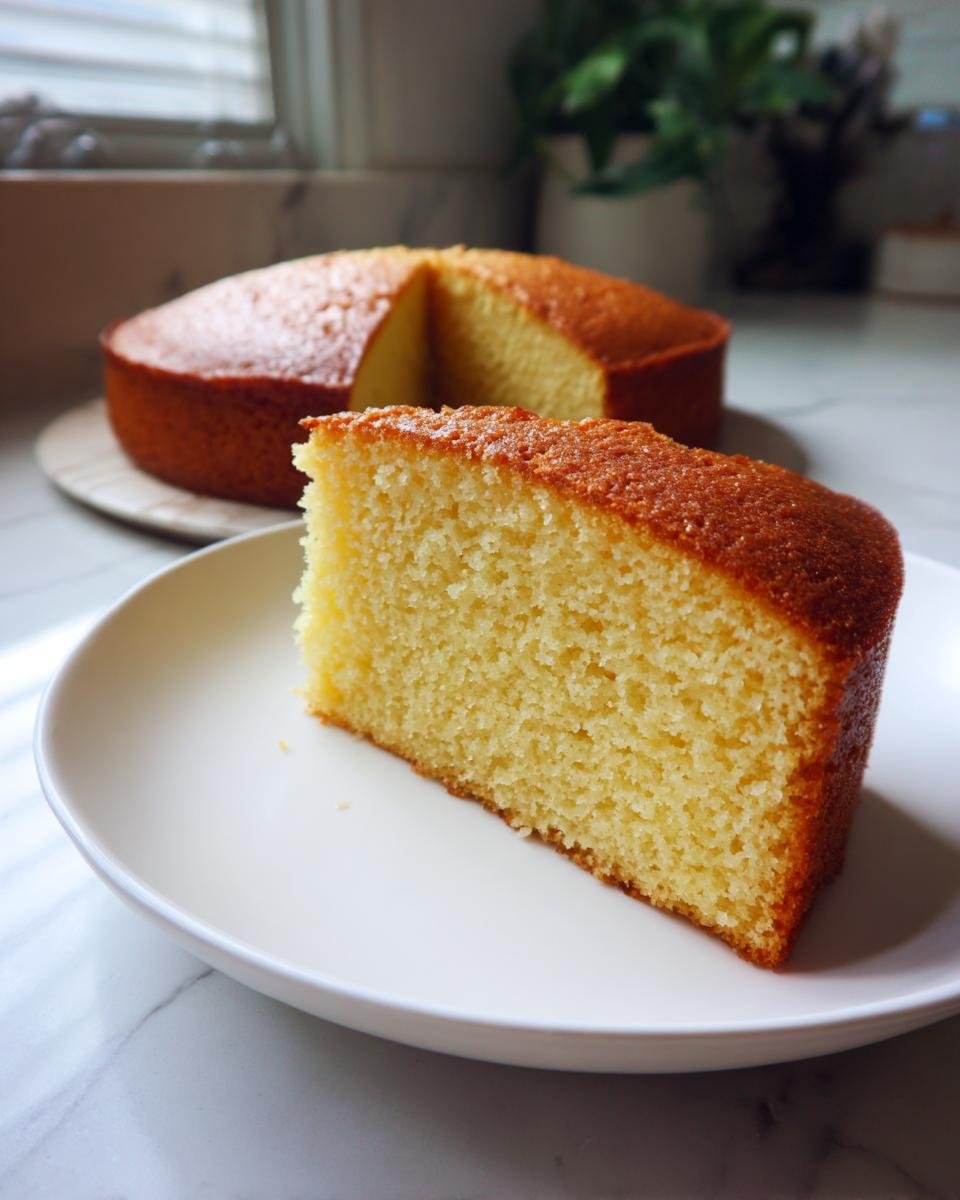 A slice of perfectly baked yellow cake on a white plate, showcasing its tender crumb and golden crust. Baking tips are key!
