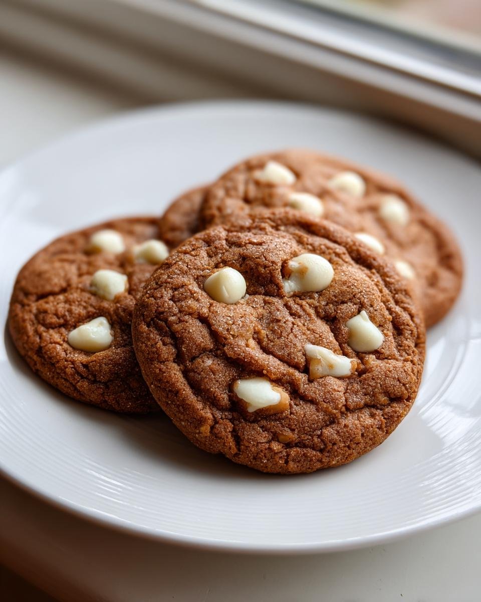 Three rich brown Bakery Style Gingerbread White Chocolate Chip Cookies stacked on a white plate.