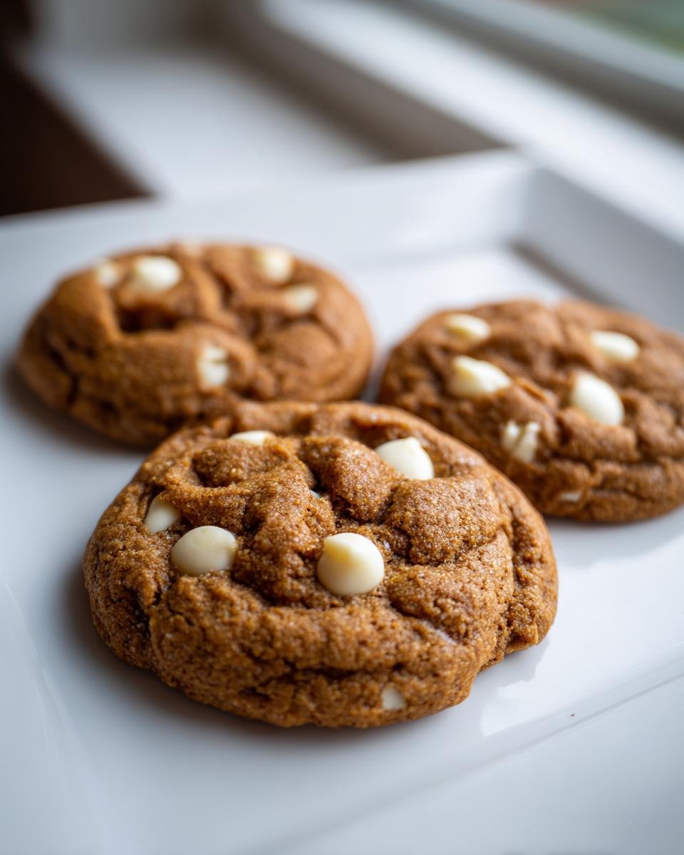 Close-up of three soft, chewy Bakery Style Gingerbread White Chocolate Chip Cookies on a white plate.
