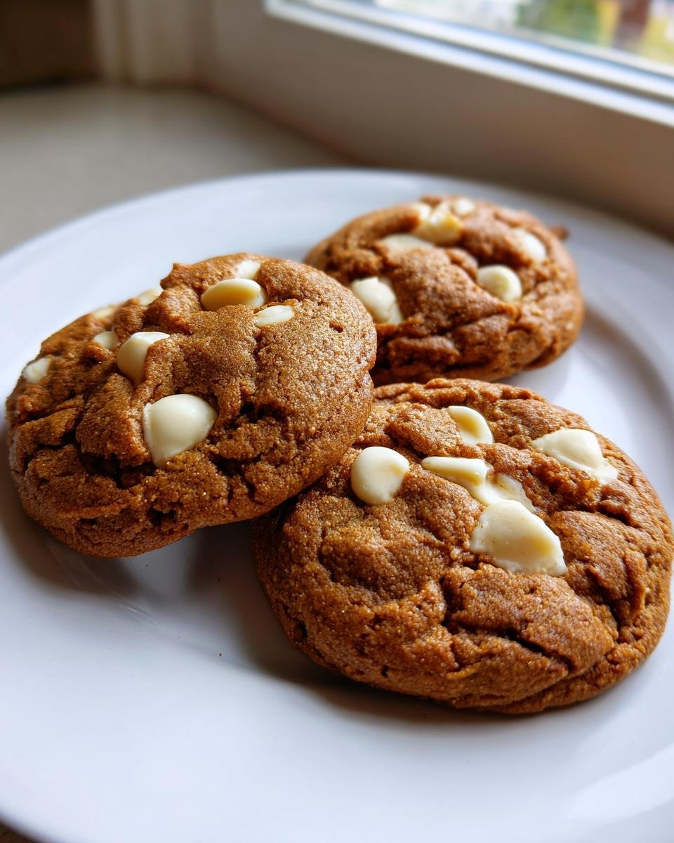 Three freshly baked Bakery Style Gingerbread White Chocolate Chip Cookies resting on a white plate near a window.