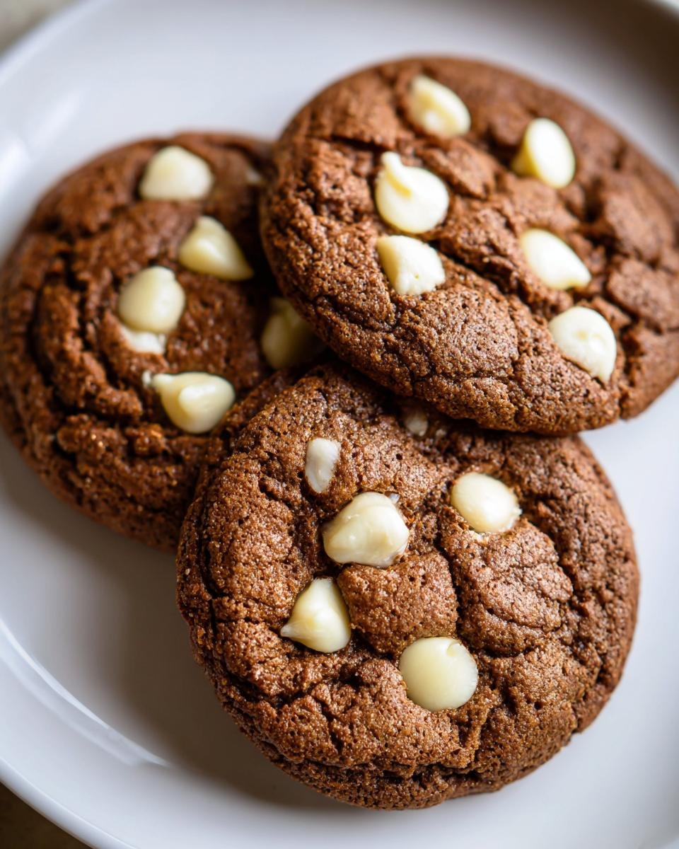 Three rich, dark brown Bakery Style Gingerbread White Chocolate Chip Cookies stacked slightly on a white plate.