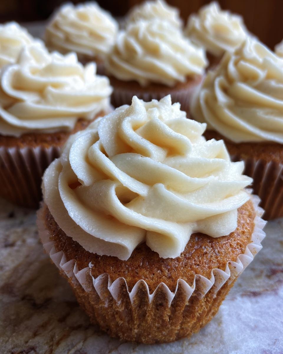 A close-up of a delicious banana cupcake topped with swirls of cream cheese frosting.