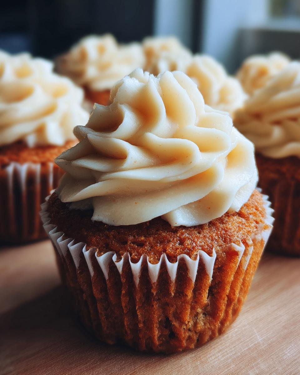 Close-up of a delicious banana cupcake with cream cheese frosting, showing the textured cake and swirl of frosting.