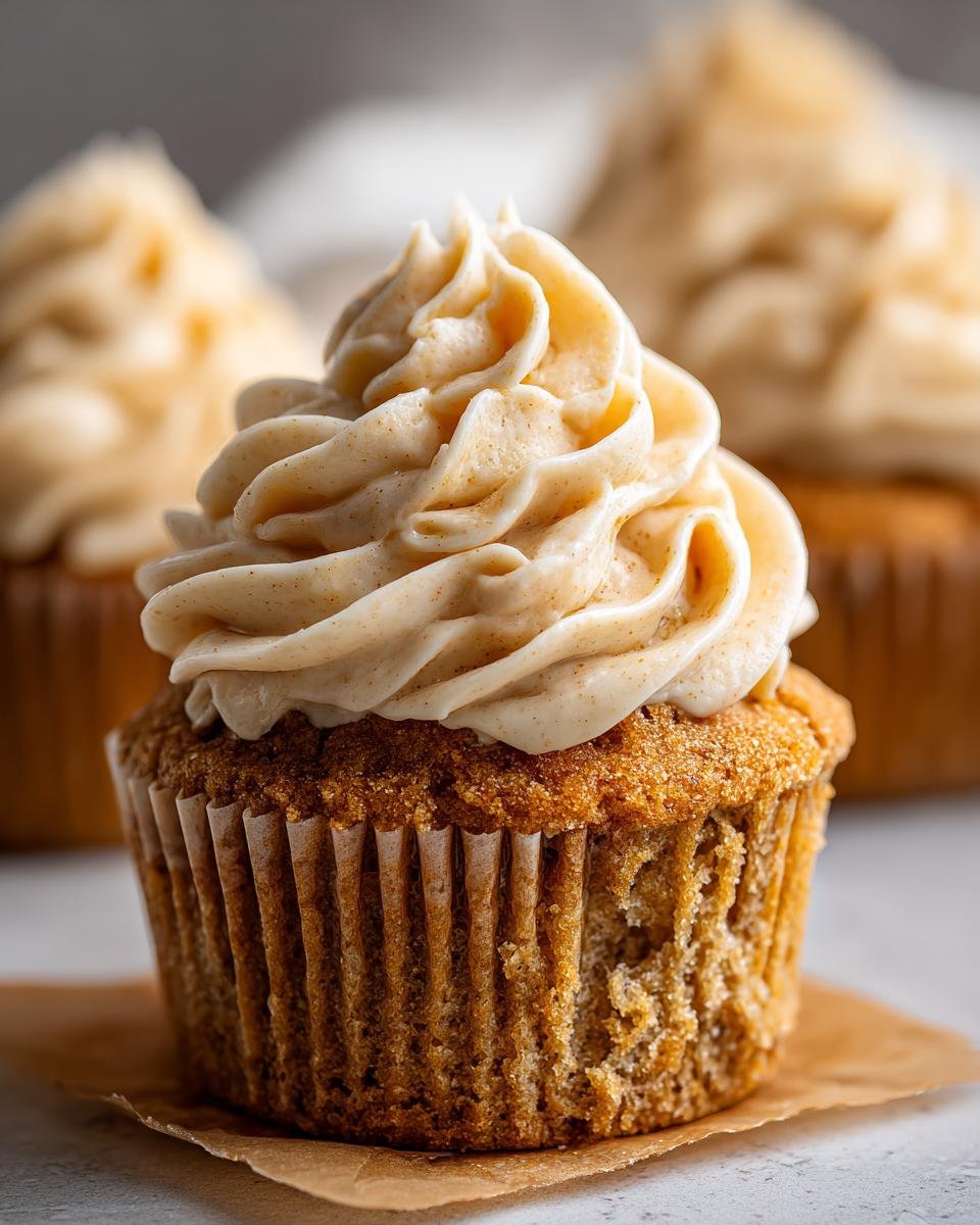 A close-up of a delicious banana cupcake with cream cheese frosting, showing the textured cake and swirl of frosting.