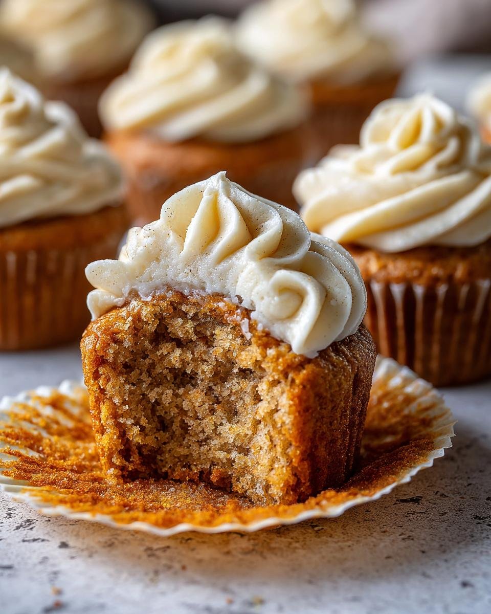 A bite taken out of a moist banana cupcake with swirls of cream cheese frosting on top.