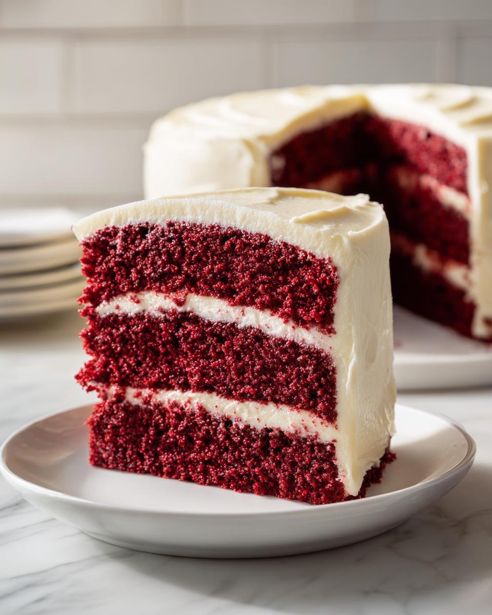 A perfect slice of three-layer Red Velvet Cake with thick cream cheese frosting, ready to eat.