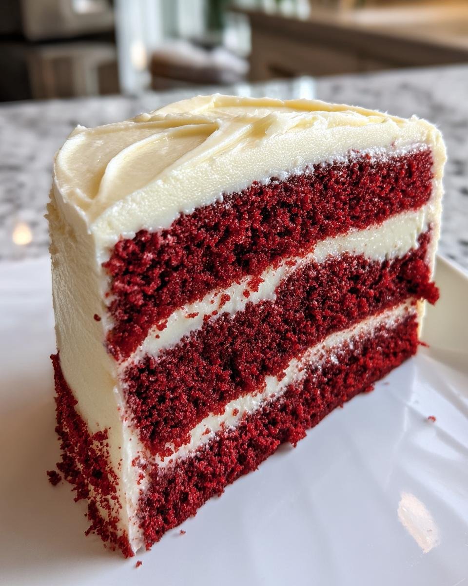 A close-up of a moist, three-layer Best Red Velvet Recipes slice topped with thick cream cheese frosting.