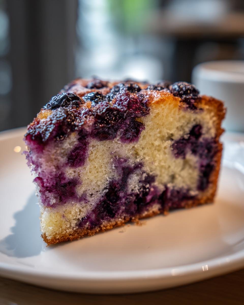 Close-up of a moist slice of Blueberry Cake showing vibrant purple berries baked into the yellow crumb.