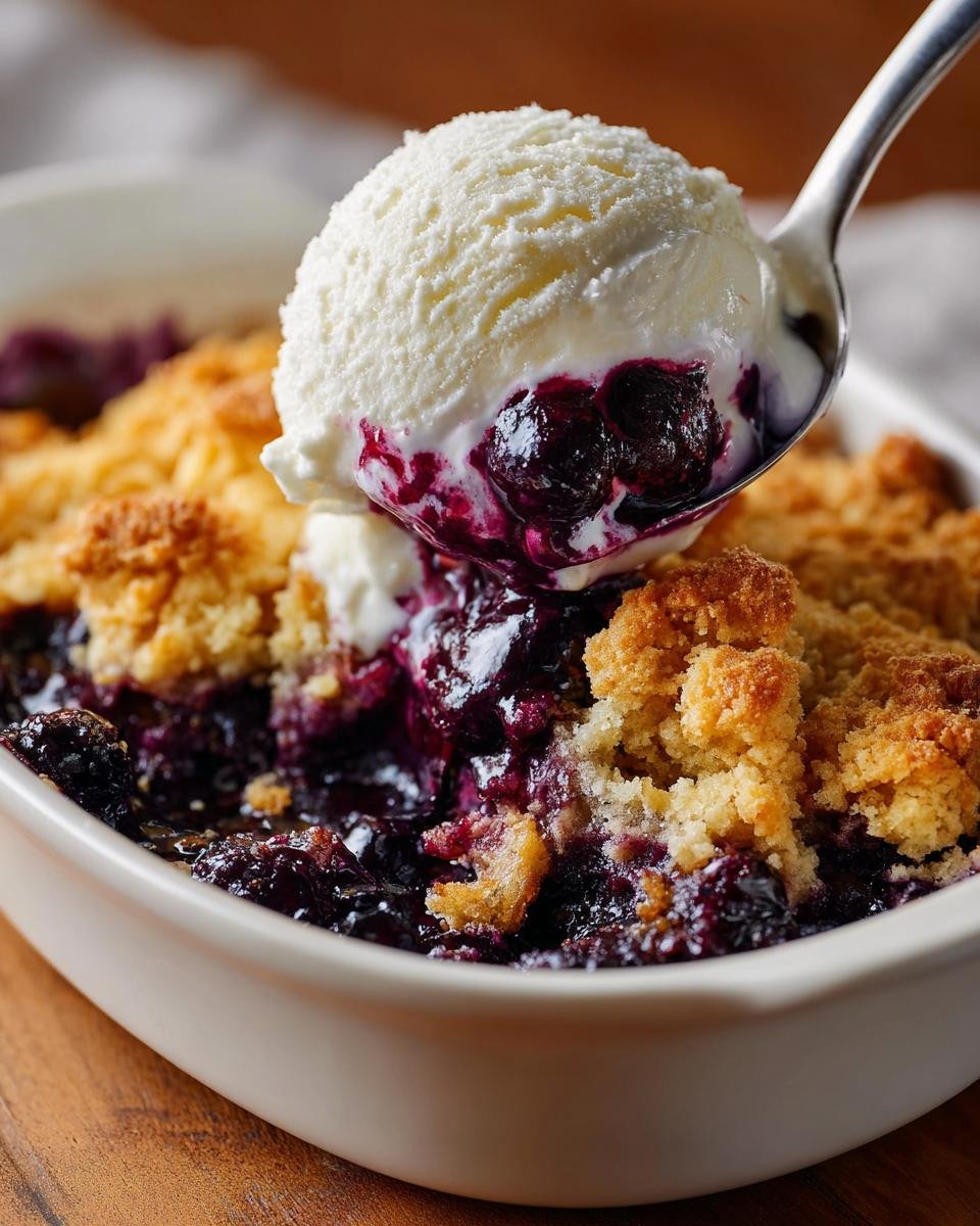 A spoonful of vanilla ice cream melting over warm, bubbling Blueberry Cobbler in a white dish.