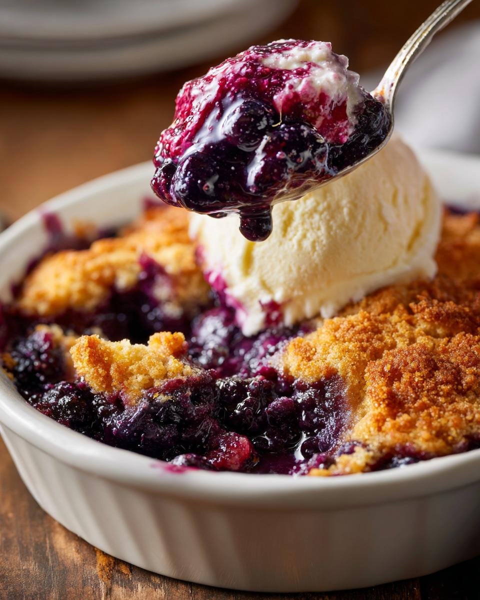 A spoonful of warm Blueberry Cobbler topping and juicy berries being lifted over a scoop of vanilla ice cream.