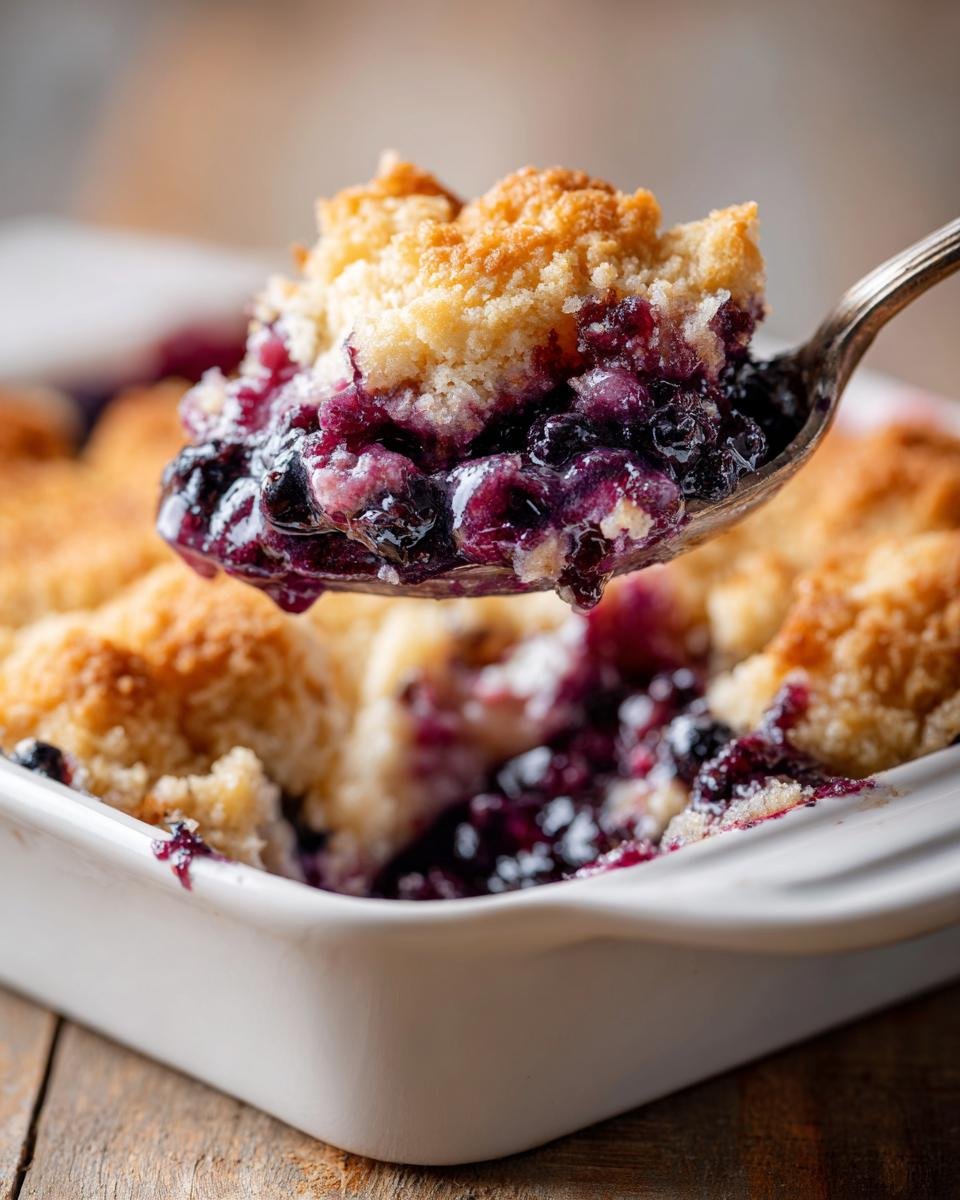 A spoonful of warm, gooey Blueberry Cobbler showing juicy berries and a golden crumble topping.