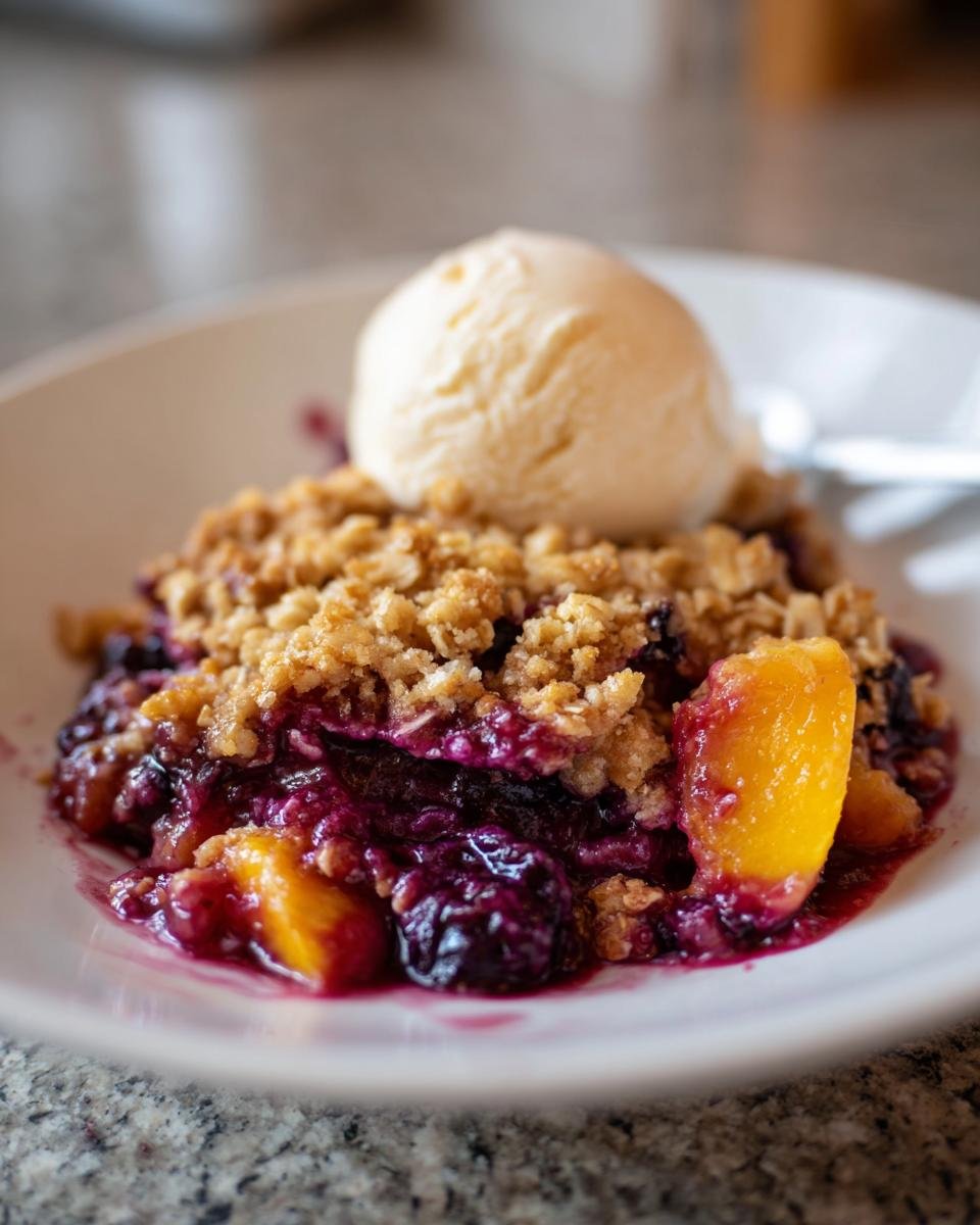 A close-up of a warm serving of Blueberry Peach Crumble topped with a scoop of vanilla ice cream.
