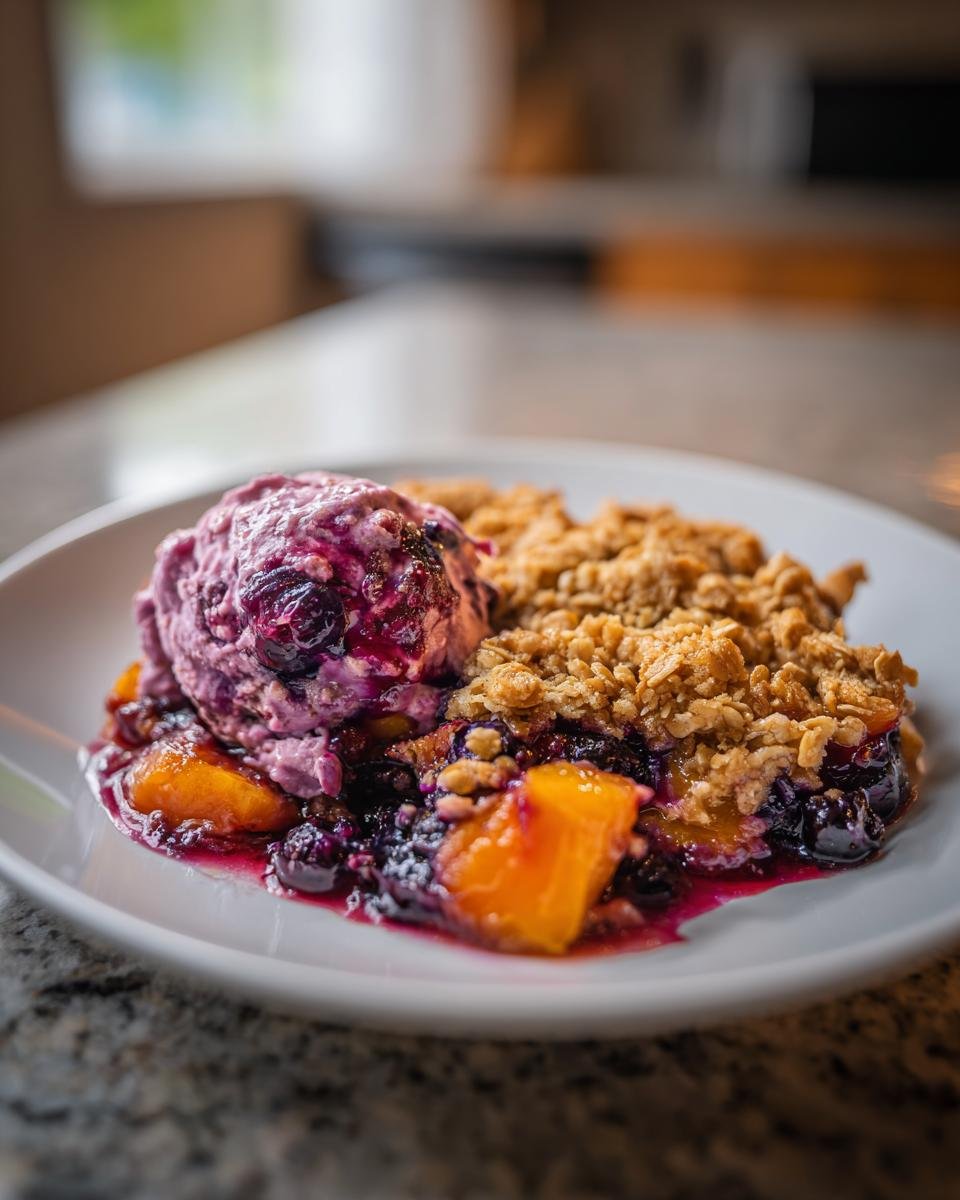 A serving of warm Blueberry Peach Crumble topped with a scoop of purple ice cream on a white plate.