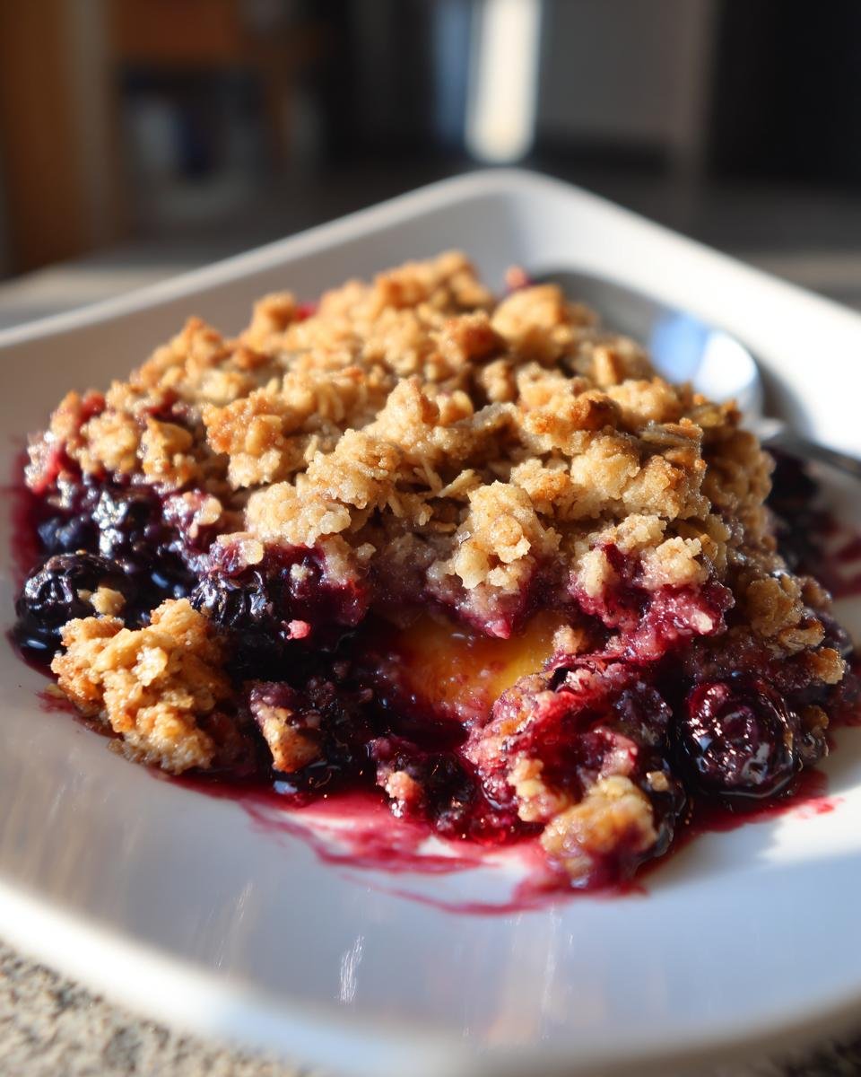 Close-up of a serving of warm Blueberry Peach Crumble showing juicy fruit filling and crunchy oat topping.