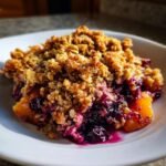 A close-up of a serving of warm Blueberry Peach Crumble with a thick, golden oat topping in a white bowl.