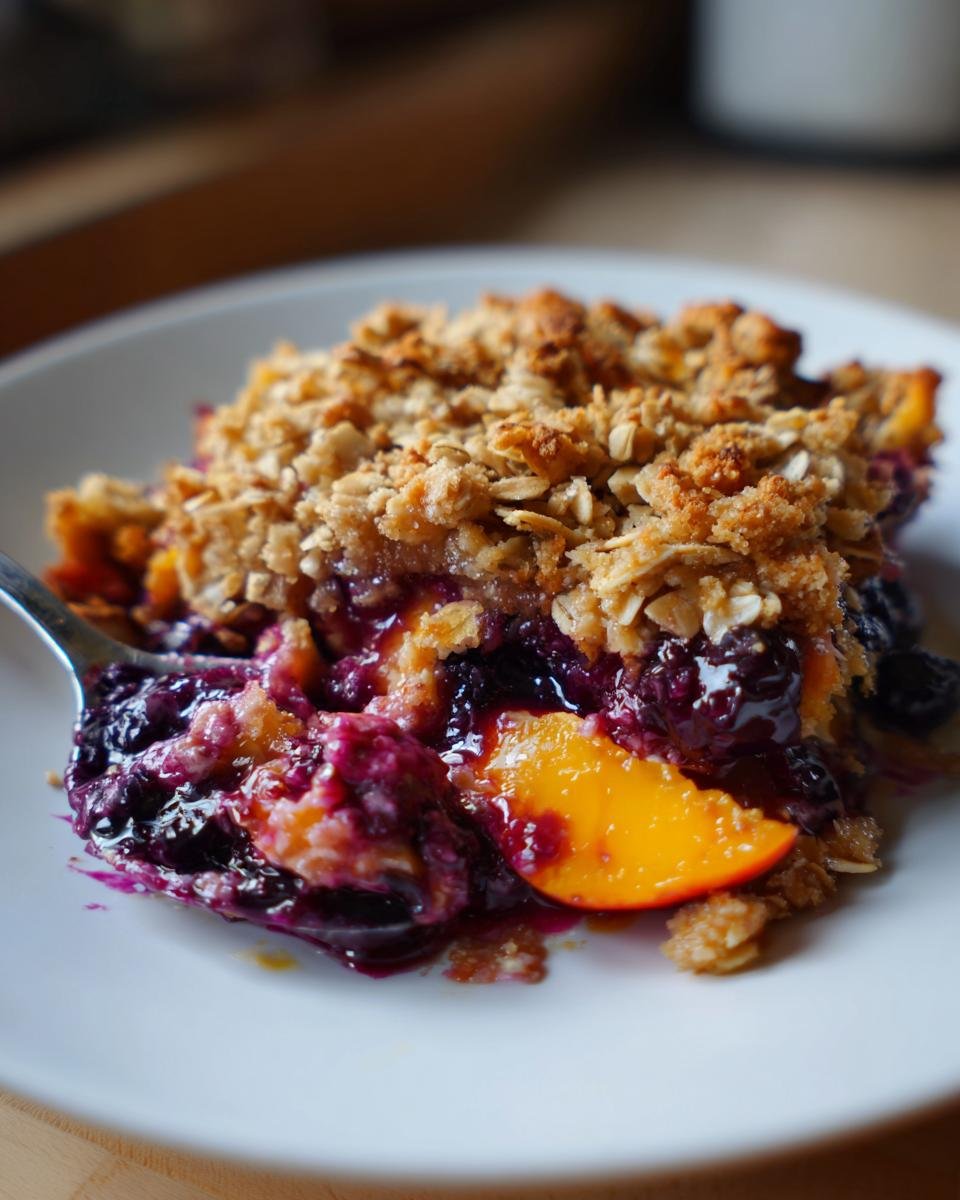 A spoonful of warm Blueberry Peach Crumble showing juicy fruit filling and crunchy oat topping.