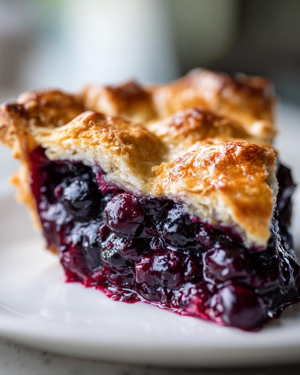 Close-up of a thick slice of homemade Blueberry Pie showing rich, bubbling filling and flaky golden crust.