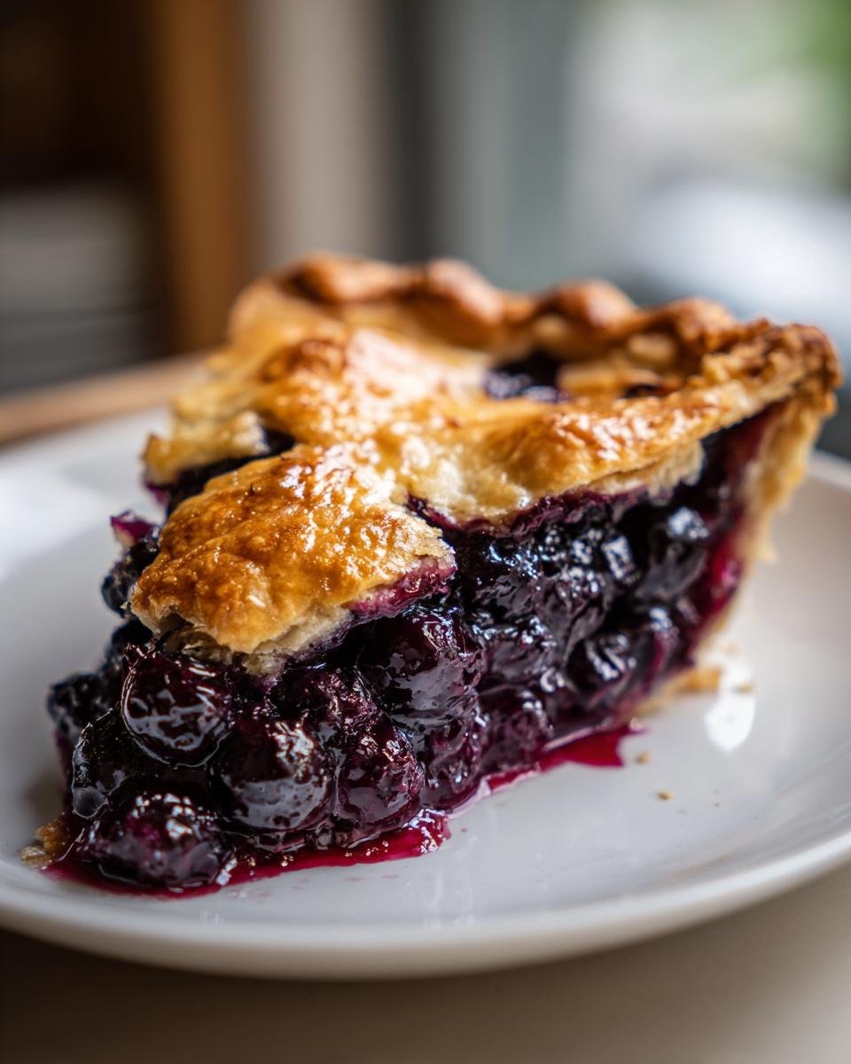 Close-up of a thick slice of homemade Blueberry Pie showing the flaky crust and rich, juicy blueberry filling.