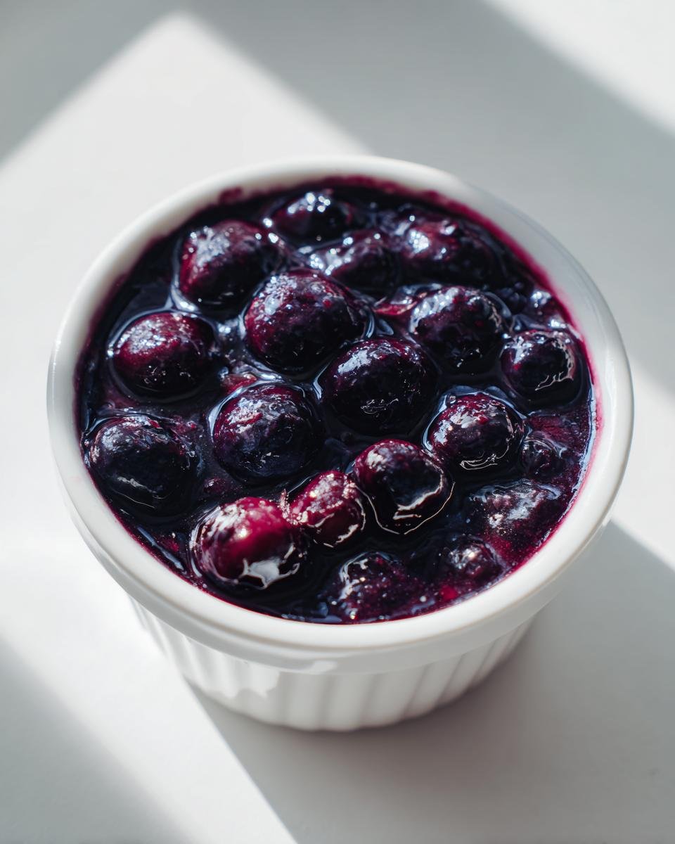 Close-up of rich, dark Blueberry Sauce with whole berries in a small white ramekin.