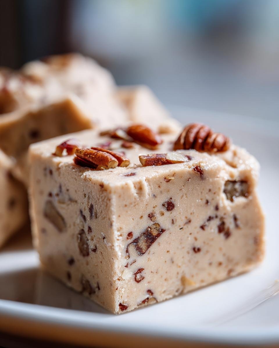 A close-up of a square piece of decadent Butter Pecan Fudge, topped with whole pecans.